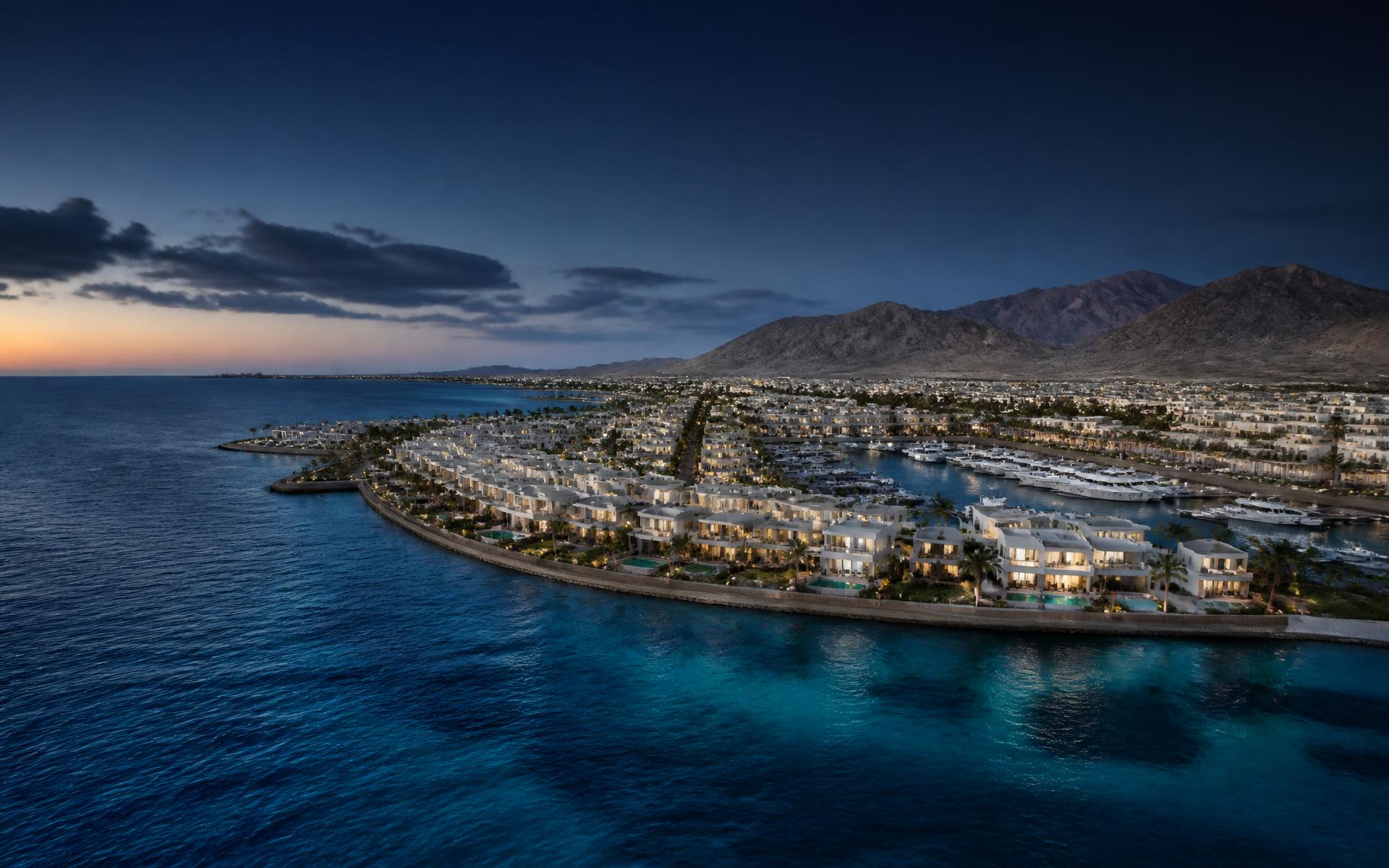 Aerial view of the Red Sea coastline at Hurghada with villas and a marina at dusk